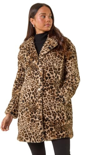 Roman Originals Women Faux Fur Coat - Ladies Jackets Teddy Bear Plush Casual Soft Fluffy Textured Oversized Warm Cosy Autumn Winter Flattering - Petite Brown - Size 12