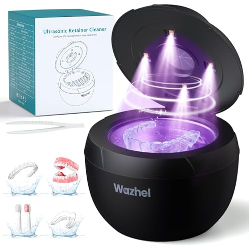Wazhel Ultrasonic Holder Cleaner 45KHz Dental Cleaning Pad for Dentures Night Mouth Guard Aligners Braces Toothbrush Head (Black)