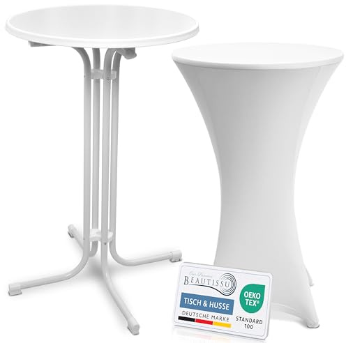 Beautissu Stehtisch klappbar 80cm mit Stretch Stehtischhusse Outdoor | 70cm Weiß kratzfest UV- und wetterbeständig Husse rutschfest waschbar und bügelfrei Weißer Bistrotisch Bellini & Stella