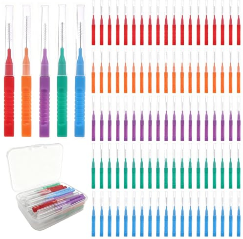 iCovalescent 100 Stück Interdentalbürste, Interdentalreiniger Wiederverwendbar Biegsamer Hals zur Reinigung enger Zahnzwischenräume, mit Etui(5 Farben)