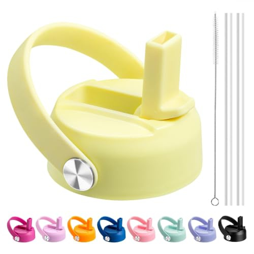 Straw Lid for Hydroflask 12 16 18 20 32 40 64oz Wide Mouth Water Bottles | Replacement Lid with Straw for Hydroflask, with Flexible Handle, BPA Free, for Gym, Commutes, Driving (Light Yellow)