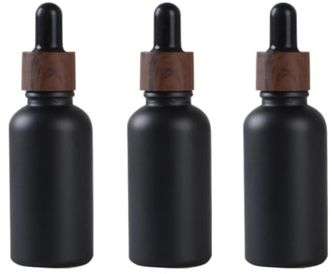 ASTRQLE 3Pcs 50ml 1.7oz Matte Black Glass Dropper Bottles with Plastic Wood Grain Cap Refillable Boston Round Essential Oils Containers Leak Proof Travel Bottles for DIY Cosmetic Perfume Hair Oil