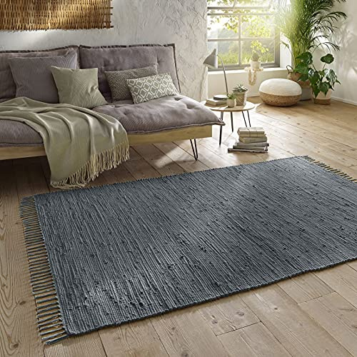 Taracarpet Handwebteppich Läufer Fleckerl Teppich Uni waschbar aus Baumwolle für Wohnzimmer und Küchenteppich 060x120 cm anthrazit