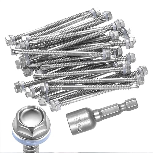 30pcs Self-Drilling Roofing Screws M6.3 x 100mm, Stainless Steel 401 Hex Head Screws with Washer, Metal Roof Screws with Sealing Washer, Self-Tapping Sheet Metal Screws + 10mm Socket