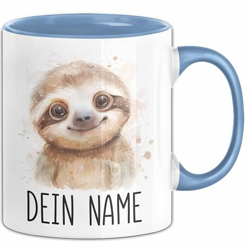 Faultier Tasse mit Namen – Personalisierte Tasse Geburtstag Geschenkidee süßes Faultiermotiv Niedlich Verspielte Namenstasse (Blau)