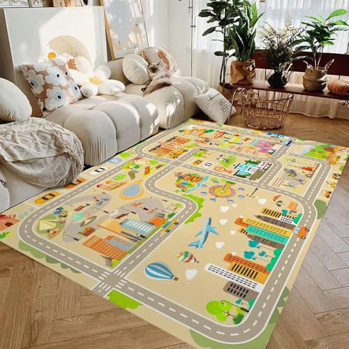 JGGXHM Waschbarer Spielteppich mit Verkehrsmotiven, Stadtautos, Autobahn- und Straßenmotiven, rutschfeste Bodenmatte für Spielzimmer und Schule (140 x 200 cm)