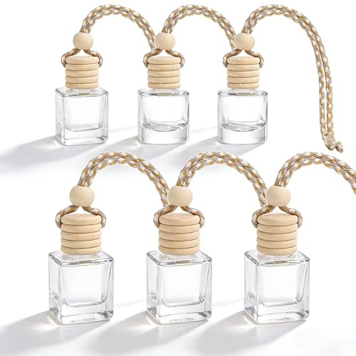 Nachfüllbare Auto-Lufterfrischer-Flaschen mit Holzdeckel - 6 Pcs Hängende 8 ml Parfümflaschen Leer, Transparente Auto-Diffusor-Flaschen für Ätherische Öle & Parfüm zum Selbst Befüllen