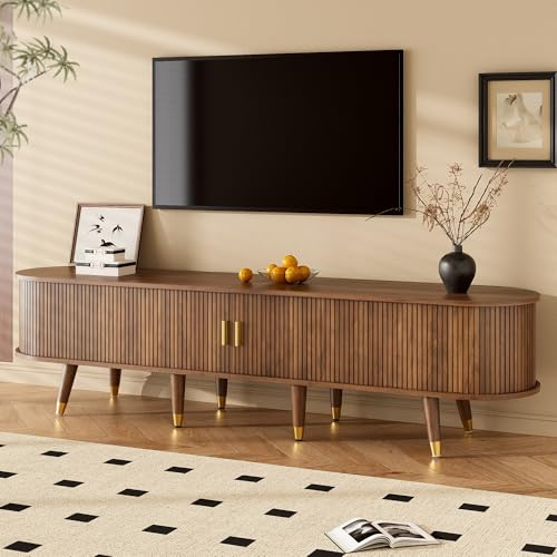 RAPRAP Tv Schrank Holz mit Schiebetür, 175cm Tv Lowboard in Walnussoptik & viel Stauraum, Goldenen Griffen, Fernsehschrank mit Offenen Regalen & Schublade,175cm c