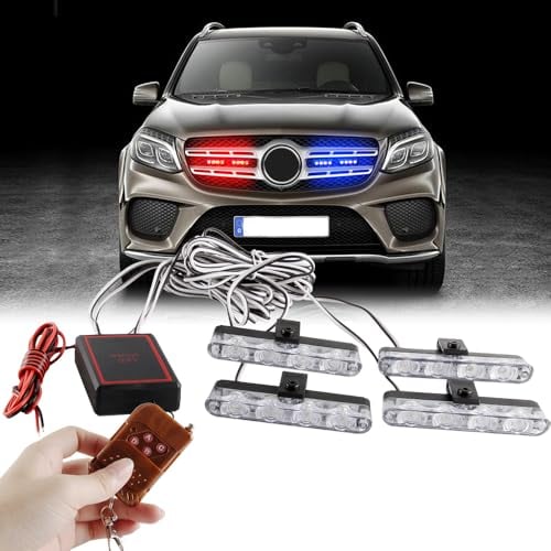 Sidaqi 4 in 1 16LED Red&Blue Emergency Strobe Lights for Vehicles with Wireless Remote Control Police Lights for Car,Flashing Warning Grille Lights for Truck Motorcycle Vehicle 12V