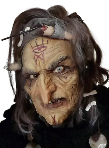 Maskworld Garstige alte Hexe Teilmaske aus Latex - Halbmaske Zauberin mit Hautkleber - hautfarben - ideal für Halloween, Karneval, Motto- & Grusel-Party