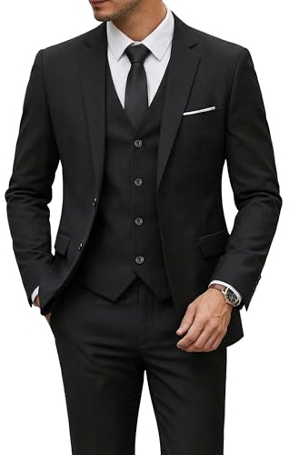 YND Herren-Anzug-Set, schmale Passform, 2 Knöpfe, 3-teilig, einfarbig, Blazer, Jacke, Weste, Hose und Krawatte, Schwarz, XX-Large