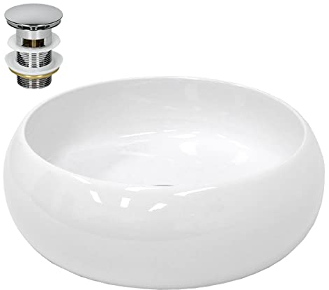 ECD Germany Waschbecken Waschtisch Ø 350 x 120 mm Keramik Weiß inkl. Ablaufgarnitur für Waschbecken ohne Überlauf Aufsatzbecken Aufsatzwaschbecken Aufsatzwaschtisch Waschschale Spülbecken Becken