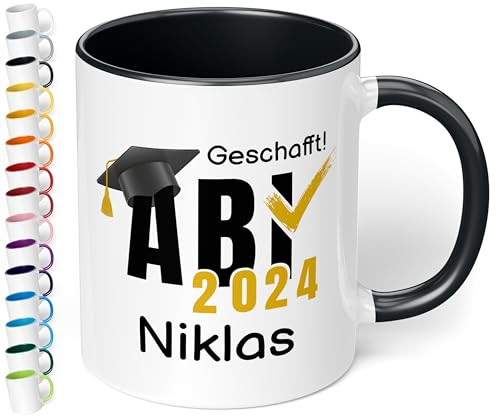 Tasse zum Abitur 2025: „ABI 2025 - Geschafft! Wunschname“ - Kaffeetasse mit Namen personalisiert - Geschenke zum Abitur, Abschlussgeschenk, Geschenk zur bestandenen Prüfung, Schwarz