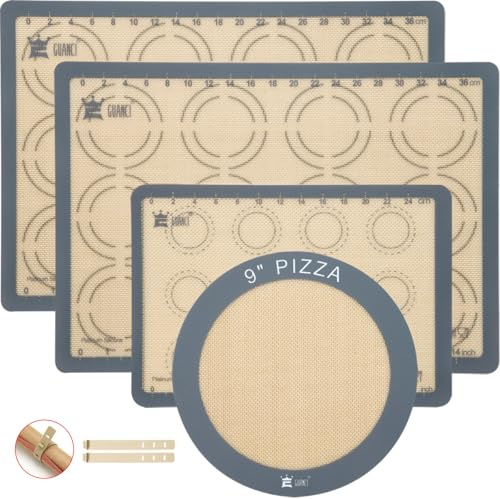 Guanci Silikon-Backmatten-Set, 4-teilig, 2 Stück 40,6 x 29,1 cm große Macaron-Backmatte und 1 20,3 wiederverwendbare Backmatte 22,9 runde Pizza-Backmatte für Macaron-/Pizza-/Keksherstellung