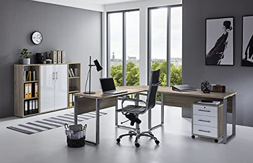 Büromöbel komplett Set Arbeitszimmer Office Edition in Eiche Sonoma/Weiß Hochglanz lackiert (Set 2)