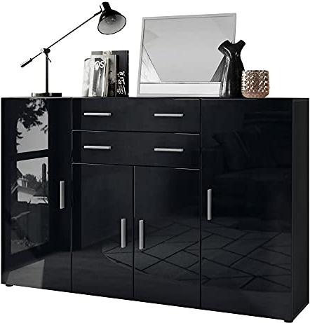 Vladon Highboard Aron Anrichte mit 2 Schubladen und 4 Türen mit insgesamt 8 Fächer dahinter, Anthrazit matt/Schwarz Hochglanz (166,5 x 106,5 x 35 cm)