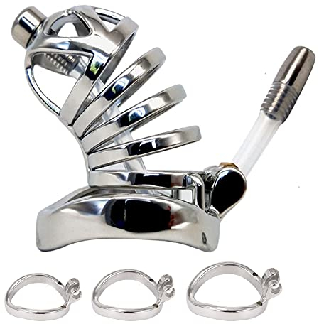 ZWFUN Peniskäfig mit dilator aus Edelstahl Keuschheitsgürtel Chastity Device Penis Käfig mit Harnröhren CB Schloss Keuschheitskäfig Chastity Cage herren Metal Sex Spielzeug für die Männer (mit 3 Ring)