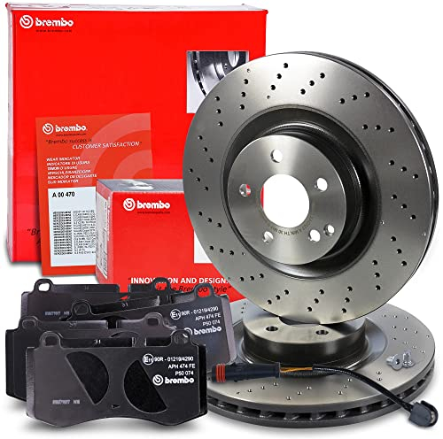 BREMBO Coated Disc Line Bremsenset Vorderachse inkl. Gelochte Sport-Bremsscheiben Vorne Ø 350 mm Belüftet und Bremsbeläge Vorne + Verschleißkontakt Kompatibel mit MERCEDES-BENZ E-Klasse, S-Klasse , SL