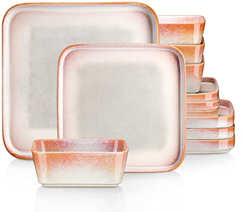 vancasso Nebula Vajilla de gres con diseño cuadrado compuesta por 12 piezas, 4 platos llanos, 4 platos de postre y 4 cuencos, para 4-12 comensales