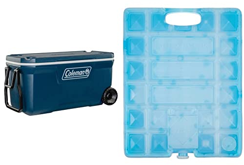Coleman Xtreme 100QT Kühlbox mit Rollen, Thermobox mit 94L Fassungsvermögen, hochwertige PU-Vollschaumkernisolierung, kühlt bis zu 5 Tage & Campingaz Campingküche Freezpack (3 x 20 x 26 cm), Blau