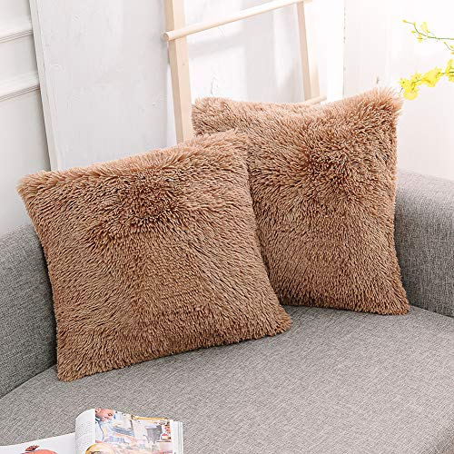 NordECO HOME 2er Set Kissenbezug 50x50 cm Braun Künstlich Pelz Dekorative kissenhülle Deko Kissen Kuschelkissen Flauschig Sofakissen Superweich Plüschkissen für Sofa