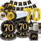 70 Años Cumpleaños Vajilla Platos para Hombres Mujeres, Platos Elegantes Oro Negro con Globos, Vasos, Servilletas, Mantel y Guirnalda para Cumpleaños Fiesta 70 años Aniversarios Decoración