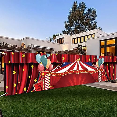 DOTOOMA 118 x 20 Zoll Roter Zirkus Karneval Hof Banner Schild Rot Zelt Stern Ballon Banner Kinder Zirkus Thema Geburtstag Party Kuchen Tischdekoration mit Baby Bad Studio Requisiten