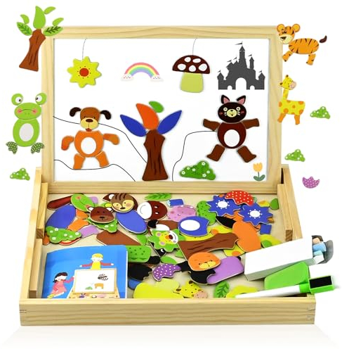 120 Stücke Magnetisches Holzpuzzle Montessori Holzpuzzle mit Doppelseitig Magnetisch Bauernhof-Muster-Spiele,pädagogisches Zeichentafel-Holzspielzeug Kreativ Spielzeug für Kinder