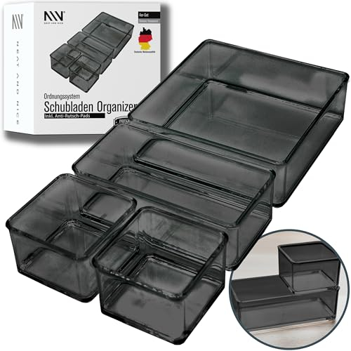 NEAT AND NICE - 4 teilig schwarz + transparent Schubladen Organizer inkl. Antirutsch-Pads in 3 versch. Größen | Schubladen Ordnungssystem für Büro Bad Küche | Make Up Organizer für Schminktisch