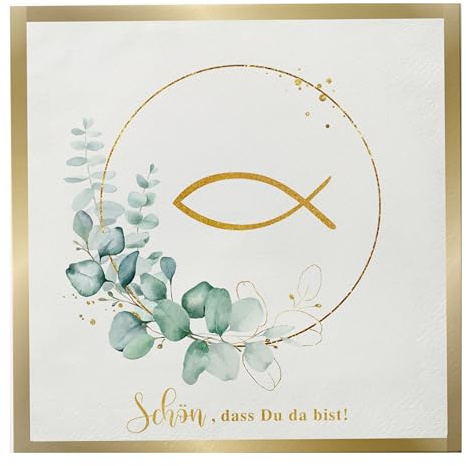 20 Servietten Fisch in Eukalyptus für Taufe, Konfirmation, Kommunion, Schön, dass du da bist, Papierservietten mit Fischmotiv, Tischdeko, Decoupage, 33 x 33 cm