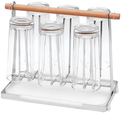 POCHOIO Cup Drying Rack for Countertop,Stainless Steel Bottle and Mug Drying Rack with Wooden Handle-Countertop Organizer for Mugs, Glasses, and Bottles,Silver