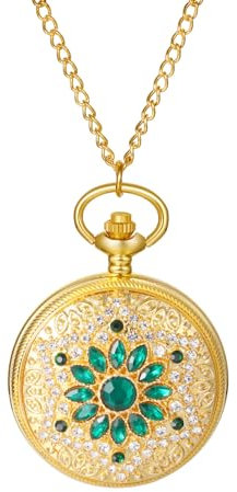 Avaner Taschenuhr mit Kette Blütenblatt: Modern Diamant Taschenuhr mit Arabischen Ziffernskala Halskette Pulloverkette Analoge Quarz Uhr als Geschenk für Männer Frauen