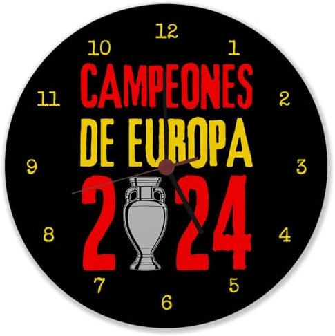speecheese Spanien Europameister 2024 Wanduhr mit Spruch Campeones de Europa 2024 EM-Pokal Pokal Trophäe Uhr mit Schriftzug und Text Campeones de Europa 2024