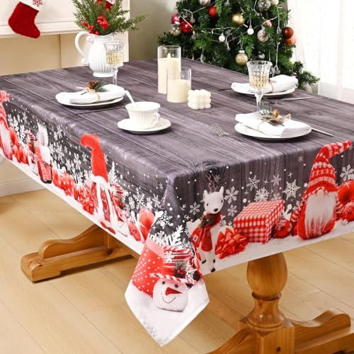 Alishomtll Weihnachten Grau Tischdecke, Zwerg Schneeflocke Waschbar Rechteckige Tischdecken, Wasserabweisend Abwaschbar Tischtuch, Winter Party Ferien Deko Tischwäsche, Holzmaserung 140x240cm