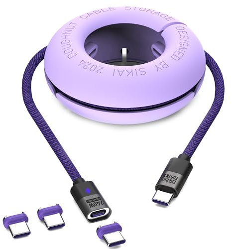 MOSHOU 240W Cavo Magnetico USB C,Cavo USB Type-C Magnetico Con contenitore, Capsula di stoccaggio per cuffie, Organizzatore Adattatore Magnetico,Viola (1.2MCable+3C)