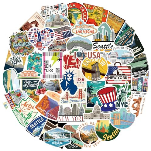 USA Sticker 50 Stück, Amerika Urlaub Reise Aufkleber für Scrapbooks Journale Fotoalben Laptop
