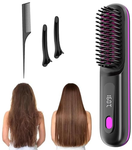Cepillo Alisador de Pelo sin Cable, Mini Cepillo Alisador de Pelo Portátil Mejorado para Viajes, Peine Alisador de Pelo con Calor Recargable por USB para Mujeres Cepillarse (A)