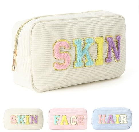 Kytpyi Trousse Trucchi Donna, Pochette Trucchi, Borsa Cosmetica Velluto a Coste Leggero Morbido per Articoli da Toeletta, 25,5*7*14,5cm Portatile Porta Trucchi da Viaggio Data Festa Shopping (Beige)