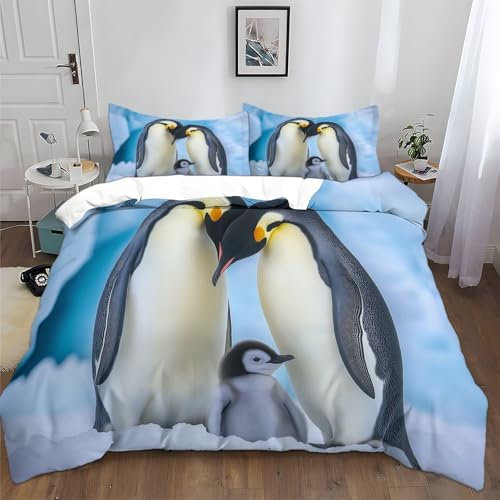 3D Bettbezug Pinguin Küken Thema Weiß Bettbezug 135 x 200 cm+2 Kissenbezug 80×80 cm Kinder Jugendliche Erwachsene Bettwäsche Deckung Set mit Reißverschluss Weich