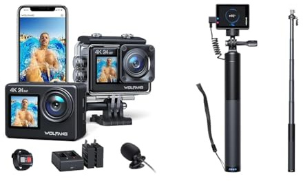 WOLFANG Cámara Deportiva GA200 4K30FPS & Juego de Selfie Stick Recargable