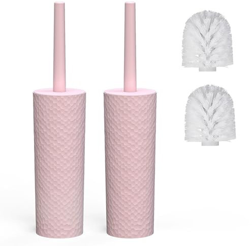 Escobilla de inodoro, juego de 2 cepillos de inodoro y soportes con mango de plástico y cerdas suaves y flexibles, 4 cabezales de cepillo de inodoro para baño, ergonómico, elegante y duradero (rosa)