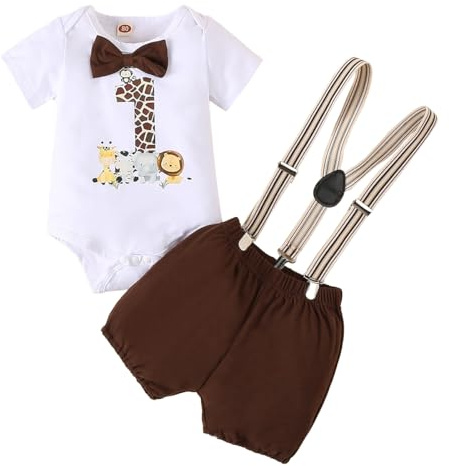LUVCES Bebé Niño 1 Año Compleanno Ropa Wild One Estampado Mameluco de Caballero+ Pantalones Cortos con Tirantes Conjunto de Trajes Compleannos One Marrón oscuro 12-18 Meses