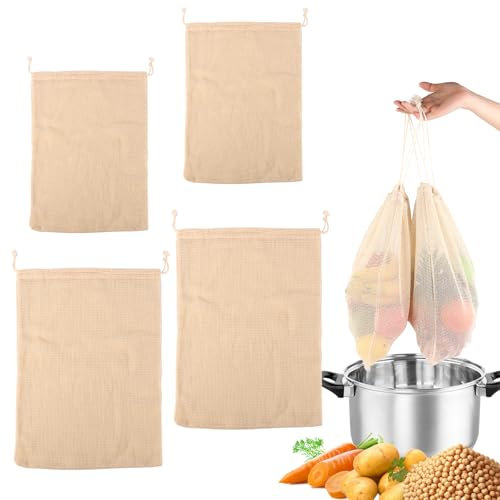 Sac Filet de Cuisine Multi-Usage - Sachets de Cuisson en Maille, 4 Tailles, 100% Coton, Résistant à Haute Température, Durable et Réutilisable, Pour Légumes, Légumineuses et Conservation de