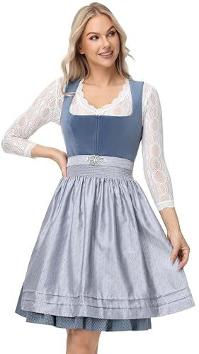 ELFIN Damen Midi Dirndl, Elegante Trachtenkleid, Samt Damen Dirndlkleid mit Plissee Schürze, Perfekt für Oktoberfest
