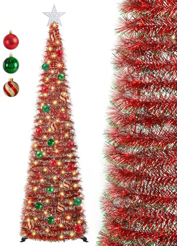 SINTENILL Sapin de Noël Pop-up de 1,5 m avec lumières et décorations minuterie, Sapin de Noël Artificiel avec Guirlande Rouge avec 24 Boules décoratives, Arbre à Crayons Pliable pour Noël, Maison