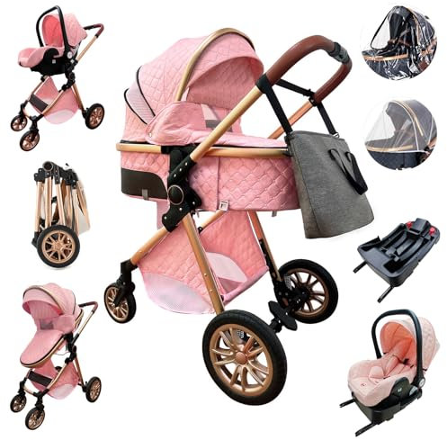 Zkiprm Passeggino 4 in 1 con ISOFIX Base, Passeggino Bebe, Passeggini e Carrozzine, Passeggino compatto Portatile di Canna, Pieghevole con un Clic, Tuta Passeggino Paesaggio Telaio in Alluminio Alto