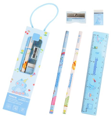 Einschulung Tier Schreibwaren Set, 5 Stück Niedliches Geschenk Set, Radiergummi, Anspitzer, Lineal, Bleistift, Schulanfang Schreibwaren Geschenkset für Mädchen Junge, Klassenzimmer Belohnung Mitgebsel