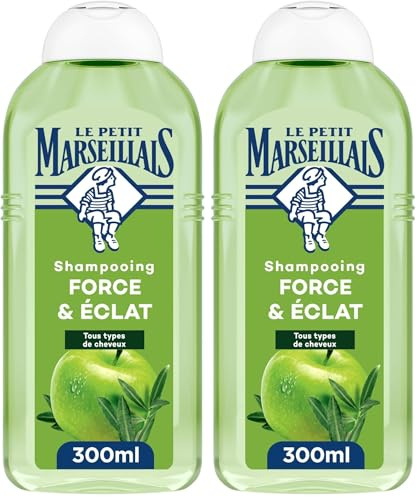 Le Petit Marseillais | Shampooing Force & Éclat Pomme & Olivier Bio (300 ml) – Shampoing sans silicone pour cheveux normaux – 98% d'origine naturelle pour une brillance optimale (Lot de 2)