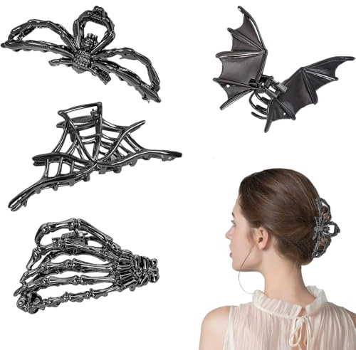 Goth Haarklammer,ESYFOR 4 Stück Haarklammern Damen Mädchen Groß Spinnennetz Schädelklaue Fledermaus Spinne Halloween Haarspangen Halloween Haarschmuck für Haarstyling Zubehör
