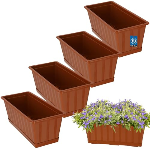 KOTARBAU® Blumenkasten für Balkon mit Untersetzer, 40x18x14 cm, 4er Set | Balkonkästen, Blumenkasten für Fensterbank außen, Balkon Pflanzkasten rechteckig, Balkonkasten aus Kunststoff, Terrakotta